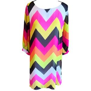 Rachel Kate Chevron Shift Dress Womens Medium M Pink Yellow Chiffon Sheer Sleeve
